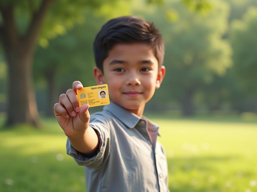 A realistic depiction of a boy standing outdoors, showcasing his CNIC card in his hand. He has a neutral expression and is dressed in a light gray shirt, with green trees and grass softly blurred in the background. The boy's posture is relaxed yet confident, and he holds the CNIC card out in front of him so it is clearly visible. The image captures a sunny day atmosphere with soft natural lighting. The attention to detail makes the CNIC and the boy's attire look authentic and life-like.