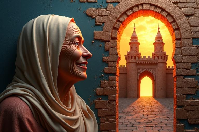 Visual contrast emphasizes two scenes. A poor mother smiles in relief. A tyrant appears trembling in his fortress. Name 'Umar Farooq' glows above. Highlights themes of justice and awe. Represents emotional and symbolic Islamic art in a 3D style.