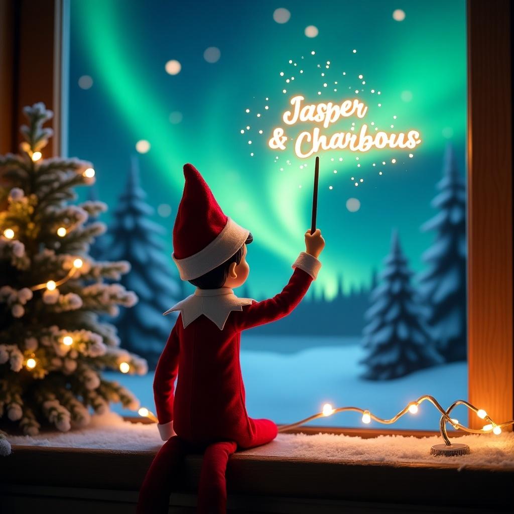 An enchanting Christmas scene shows an elf on the shelf with its back to the viewer. The elf, dressed in red and white, is facing the vibrant northern lights. It holds a magic wand, writing the names 'Jasper' and 'Charibous' in glowing script above. The atmosphere is festive and magical, capturing the essence of the holiday season. A cozy window view with a decorated tree and twinkling lights enhances the overall ambiance. The elf's action evokes a sense of wonder for the viewer.