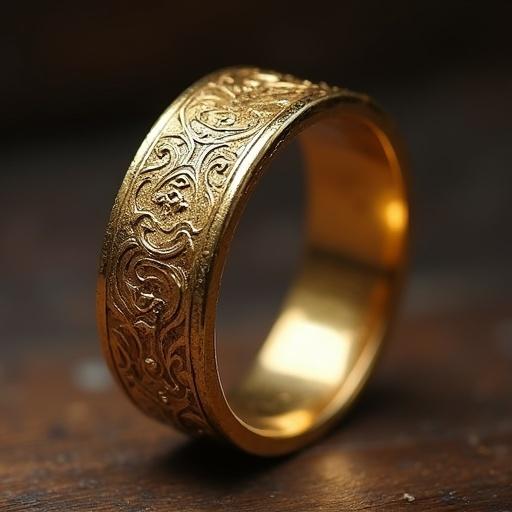 Macro photograph of an old-fashioned royal gold ring. The ring features engraved intricate artwork. It appears worn and very old.