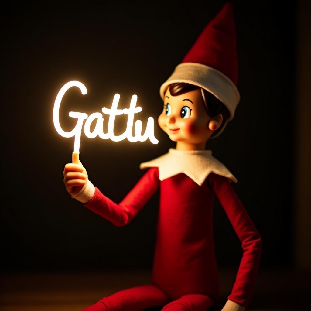 Elf on the shelf character in red and white attire holds a glow stick with the name 'Gattu' illuminated. Background is dark, enhancing the glow. Scene feels warm and festive.