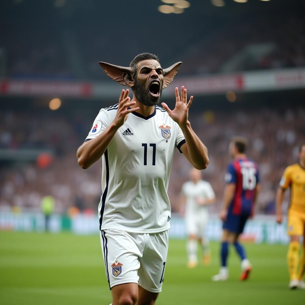 A soccer player wearing a white jersey celebrates a goal exuberantly. The player has a hand mask. The scene captures excitement and emotion in a soccer stadium.