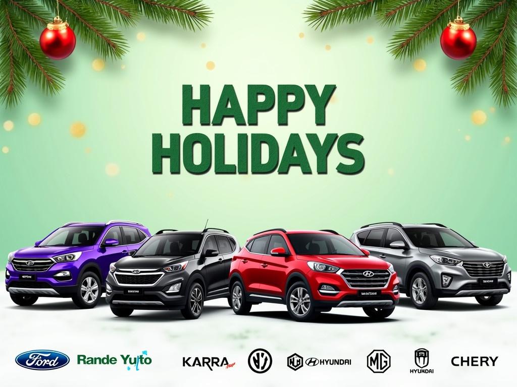 The image features a festive background with a holiday theme, displaying the text 'HAPPY HOLIDAYS' prominently in the center. In front of the text, there are four cars showcased: a purple SUV, a red compact car, and two additional cars that are grey and silver. The backdrop is a soft green color decorated with pine branches and holiday ornaments, creating a cheerful atmosphere. At the bottom of the image, the brand name 'Гранд Ауто' is displayed along with the logos of affiliated car brands: Ford, Hyundai, MG, and Chery. The overall composition is designed to promote holiday cheer while highlighting the automobile offerings.