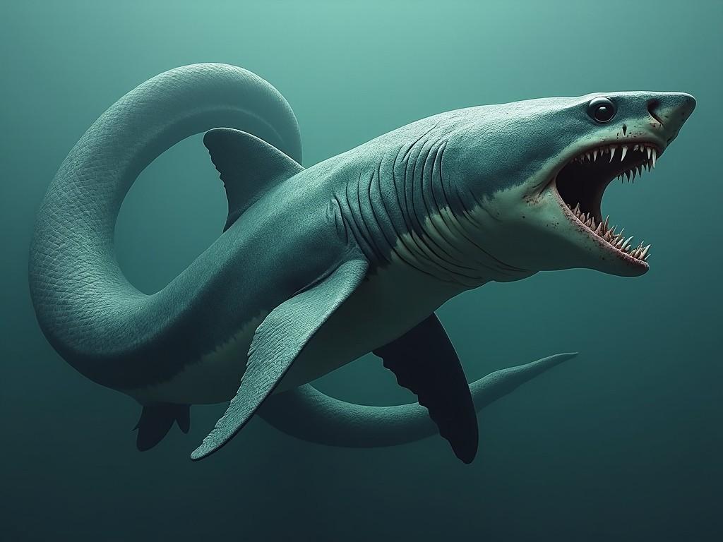 A highly detailed digital rendering of a shark swimming underwater. It features an open mouth displaying sharp teeth, creating a fierce appearance. The shark's body is streamlined and muscular, showcasing its agility. The water is a soft gradient of blues and greens, mimicking the oceanic environment. Soft lighting enhances the scene, with sunlight filtering through water, adding to the realism.