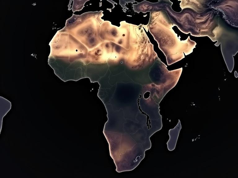 Illustration of Africa map on a dark background. Dark colors highlight the geographical features. Shades suggest terrain variations