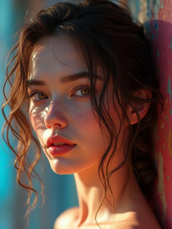 A close-up portrait features a young woman with loose waves styled hair. The image has a vibrant background with complementary colors. The woman has expressive eyes and a soft, diffused light highlights her features. The style embodies elements of fantasy art and street art.