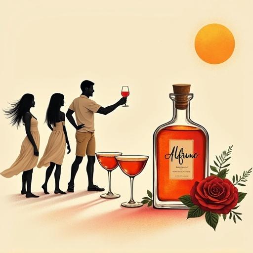 Minimalist screen printing artwork showing a busy orchard scene. A man offers a toast with a cocktail glass to three ladies in sun-dresses. A glowing bottle labeled 'ALFRUNO' is nearby. Two cocktail glasses sit beside the bottle. Surrounding flora includes roses and herbs. Background is beige. Composition follows golden ratio, bold strokes, simple details.