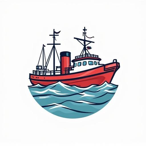 Logo design featuring a vintage red ship sailing on waves. Ship has smoke stacks and nautical flags. Graphic style is bold and colorful.