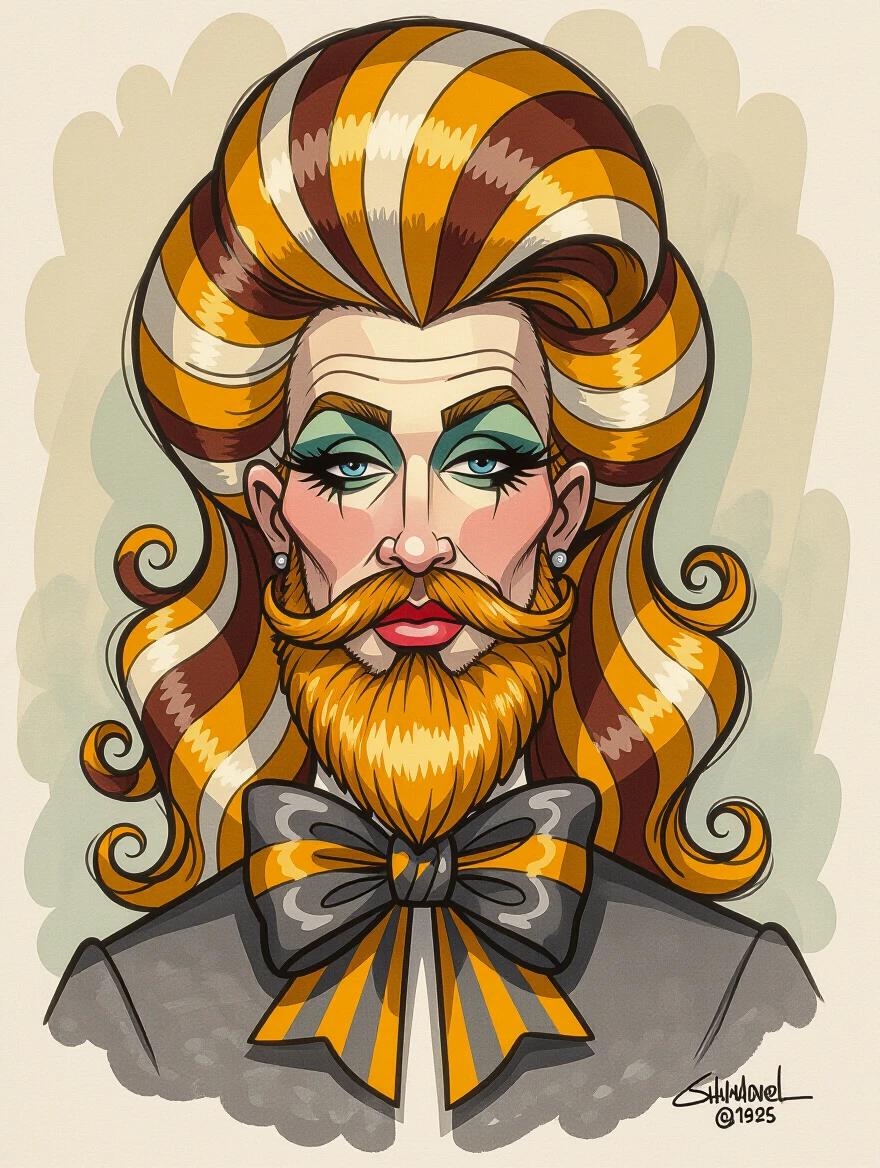 A highly stylized caricature features a person with fair skin. Hair is large and curled, featuring bold striped patterns in yellow and brown. The beard matches in color and style. Dark stage makeup is evident. A neck garment with a large bow is visible. The background is a solid soft color for contrast.