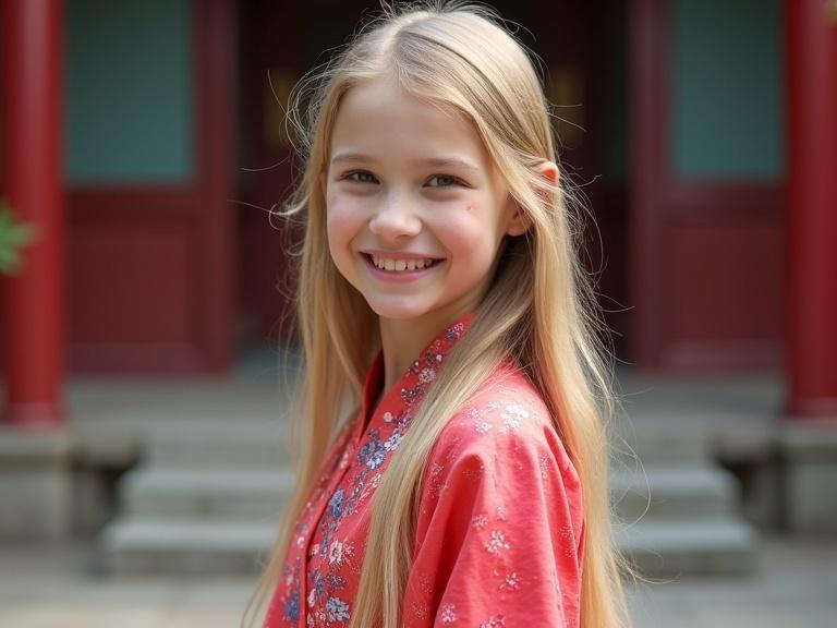 Dynamic professional photograph of twelve-year-old girl with long blond hair smiling. Girl wears traditional hanfu dress. Background features Chinese temple.
