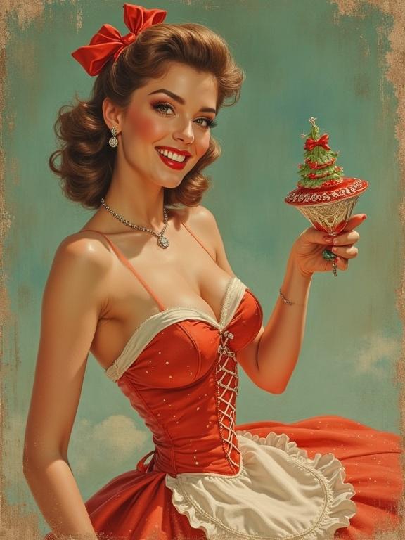 A vintage pin-up style woman in a bright red dress with a white apron. She has a joyful smile and a festive attitude. The background is a soft mint green sky. She holds a dessert resembling a small Christmas tree. Her hair is styled in soft curls, and she wears a red bow and earrings.