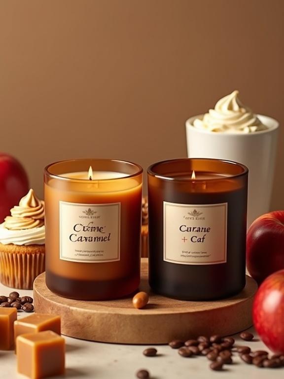 Professional product photograph showcasing luxury scented candle collection. Two large glass jar candles centered. One is Crème Caramel in amber glass, the other Crème Café in mocha glass. Surrounded by caramel cubes, toffee, cupcakes, cappuccino, coffee beans, caramel apples. Warm tones dominate.
