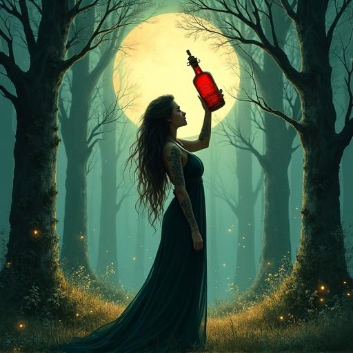 Mystical forest with a goddess holding a glowing bottle. Moonlight illuminates her and surrounding trees. Fireflies twinkle in the undergrowth. Artwork in soft watercolor style with colors of green, blue, and gold.