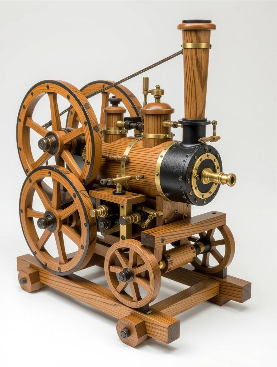 Image of a wooden steam engine with intricate hand-carved mechanisms. Engine features hardwood construction and visible craftsmanship. Boiler made from steam-bent oak and cog wheels made of wood. Engine sits in a traditional Victorian workshop with woodworking tools and engineering drawings. Lighting highlights detailed components and beauty of wood.