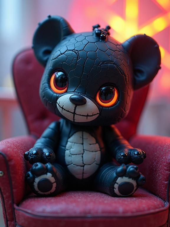 Chibi teddy bear sitting in a red armchair. Doll features a black latex suit and stitched textures. Porcelain-like cracks and mismatched cookie eyes present. Surreal pastel fog surrounds it. The background hints at a theme park with carnival energy.