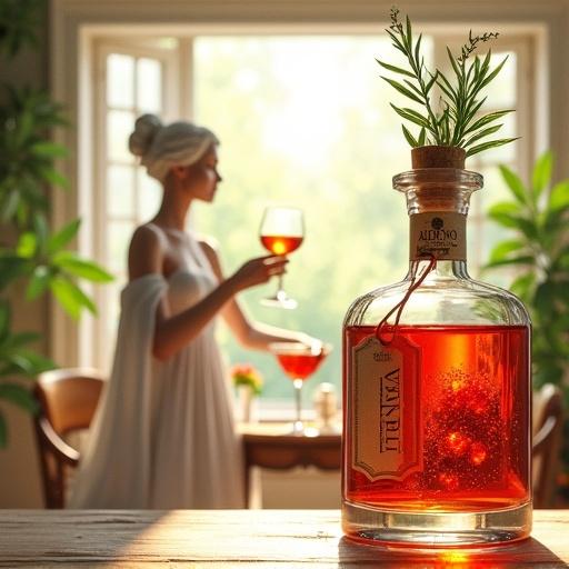 Minimalist scene in a sunroom featuring a goddess serving cocktails. High-quality reddish herbal liqueur in a tasting glass. Ambiance of relaxation with antique furniture and green plants. Prominent apothecary bottle with a cork lid radiating golden glow. Hang tag labeled ALFRUNO in elegant font with rosemary and roses. Whimsical, dreamy watercolor style with bold lines and textured brushstrokes.
