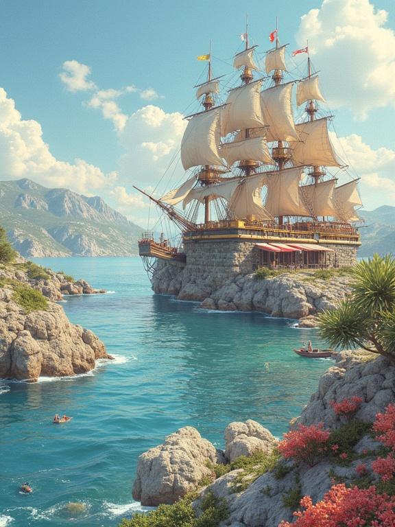 A large historical sailing ship docked near a rocky coastal area. The ship features multiple sails and flags. Clear blue waters reflect surrounding mountains. Tropical plants and flowers are visible in the foreground.