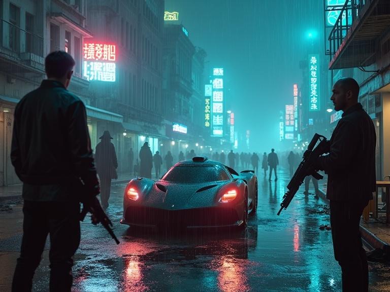 Tense standoff in a cyberpunk city. Rain falls heavily with neon lights flickering. Armed characters are cloaked in shadows. Glowing holograms appear amidst dilapidated buildings. A futuristic car is at the center of the image. Emotional intensity is palpable. Composition is cinematic.