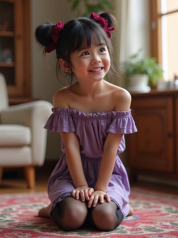 Cellphone quality photo of a young girl with black hair styled into twin buns with red ribbons. She kneels on a patterned rug in a warmly lit living room wearing a lavender off-shoulder top and a purple skirt. Her hands are on her knees and she smiles playfully. Cozy atmosphere with soft light highlighting her features.