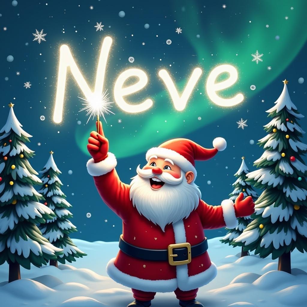 Santa Claus joyfully writing in the snow. Surrounded by pine trees. Snowflakes falling down. Magical moment in winter wonderland. Classic red suit. Pointing upward. Sparkling wand. Writing 'Neve' in the sky. Enchanting northern lights in background.