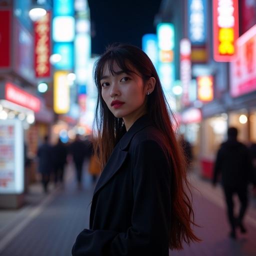 A woman in modern attire walks through Tokyo's Kabukicho district at night. Neon lights illuminate the street. She has long hair and poses confidently.
