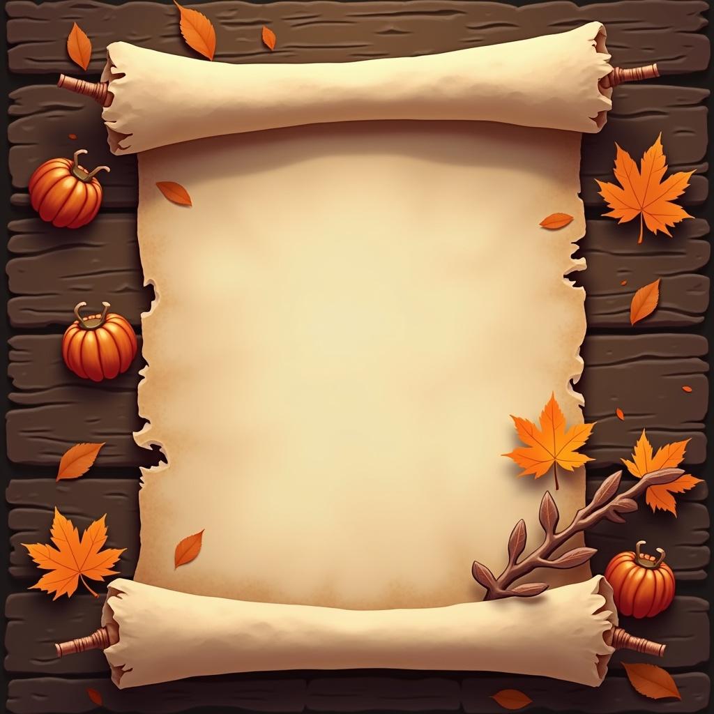 Illustration features an unrolled scroll resting on a wooden surface. Background shows scattered autumn leaves and small pumpkins. The scroll is blank, inviting text or artwork. The atmosphere is warm and festive.