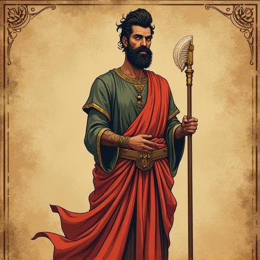 Vintage artwork with muted colors. Background resembles ancient manuscripts. Man stands in elaborate ancient clothing and hairstyle. Detailed illustration with outlined edges. No modern elements.