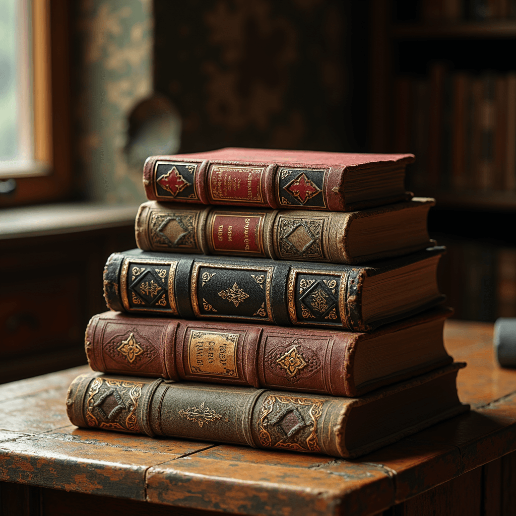 A stack of ornately decorated vintage books sits on an aged wooden table in a cozy, warmly lit study.