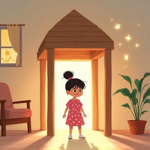 Illustration of a young girl named Layla standing in a symbolic wooden house. The house has four wooden pillars and a dome-shaped roof. One corner pillar is missing. Layla looks angrily at her long shadow. She wears a pink polka-dot dress and white shoes. Background features soft outlines of a room with a window and plants with dreamlike hints of magic.
