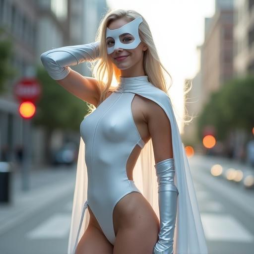 Photorealistic image of a superhero in a modern city. Features a pretty teenaged girl with long pale blonde hair, pale skin, and freckles. Dressed in a white taffeta leotard costume, with a cape, mask, and knee boots. Posing with one arm behind her head, showcasing a cute smile. Full body shot with a focus on a superhero aesthetic.