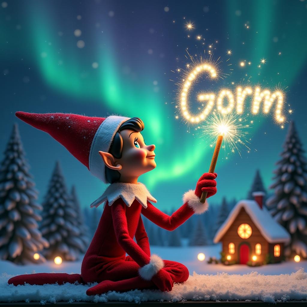 An elf on the shelf sits with its back to the viewer, gazing skyward. It holds a glowing wand that emits sparkling light. The background showcases a charming Christmas scene with colorful northern lights swirling above. In the distance, a cozy house can be seen, decorated for the holidays. Snow covers the ground, adding to the winter atmosphere. The elf is in a playful position, embodying the spirit of magic and wonder associated with Christmas. The name ‘Gorm’ is written in the air using the wand, creating a sense of holiday cheer.