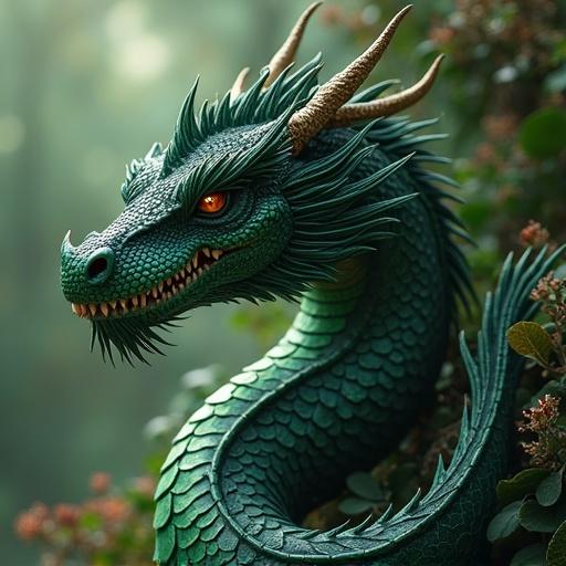 A dragon with black and green colors. The dragon has intricate scales and looks majestic. It has bright eyes that stand out.