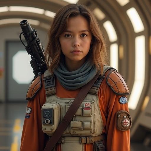 A female character dressed as a pilot set in a sci-fi environment. Stylish and adventurous appearance. Holding a gun and wearing a unique outfit. The background is futuristic and bright.