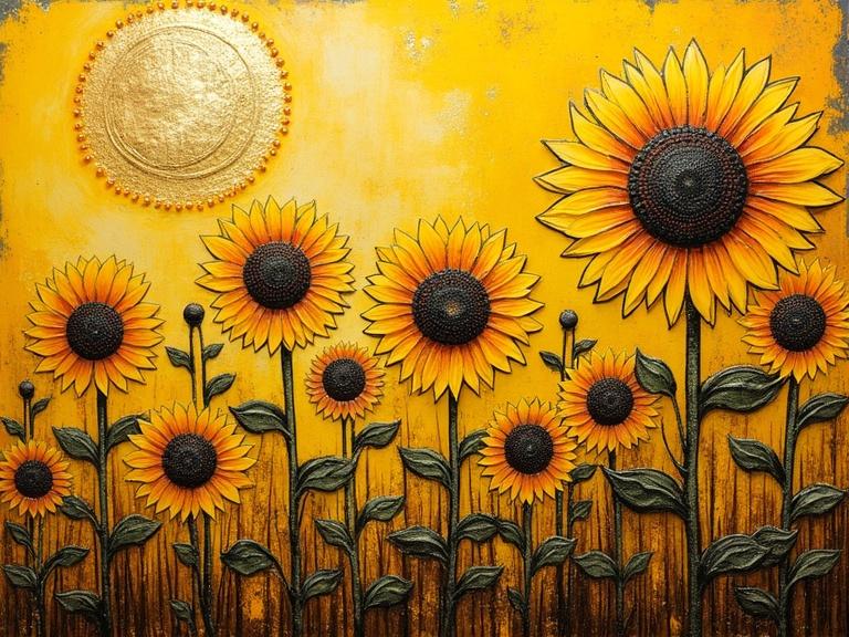 Encaustic mixed media artwork featuring sunflowers against a bright yellow background. Includes gilded elements and abstract design. Uses techniques like alcohol ink and has a distressed, grunge appearance.