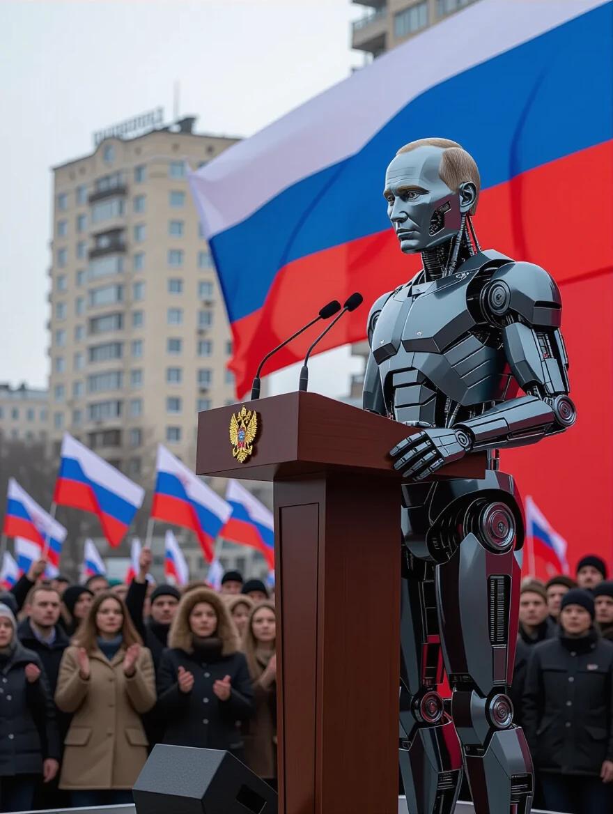 Cinematic photographic image of a cyborg figure speaking at a podium. Protesters with flags in the background. Old Soviet buildings in sight. Gray tones with emphasis on red colors.