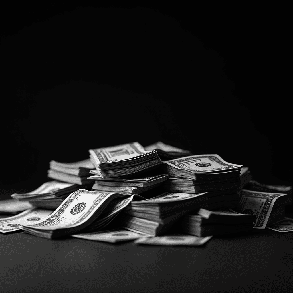 A large pile of US dollar bills arranged neatly on a dark surface.