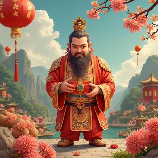 A figure dressed in traditional Chinese attire stands in front of a scenic landscape. The figure is surrounded by cherry blossoms and lanterns. The background features mountains and traditional buildings near water.