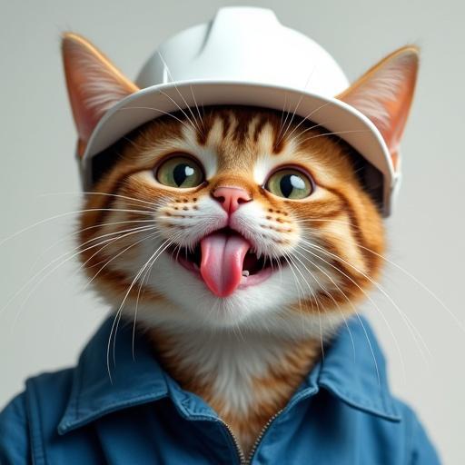 Semi-realistic cat with a playful expression sticking out its tongue. Cat wears a white hard hat and blue work jacket. Eyes are wide open and display a cheeky demeanor. Light background to emphasize the cat's features.