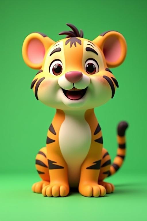 3D animated tiger character smiling sitting on a vibrant green background.