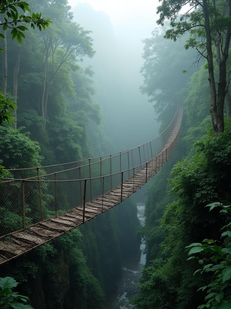 A hanging bridge crosses a jungle valley shrouded in mist. Lush greenery surrounds the scene. The bridge is made of wood and metal, leading through the dense foliage. The atmosphere is serene and inviting.