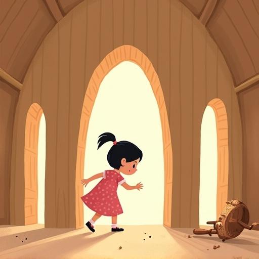 Warm flat-style children's illustration. Tilted camera angle reveals wooden house structure. Five wooden columns support a dome roof. No walls or furniture. A 5–7 year old girl in a pink polka-dotted dress stumbles towards a tilted table. Table leans as a tray falls off. Dust fills the narrow space with hazy light.