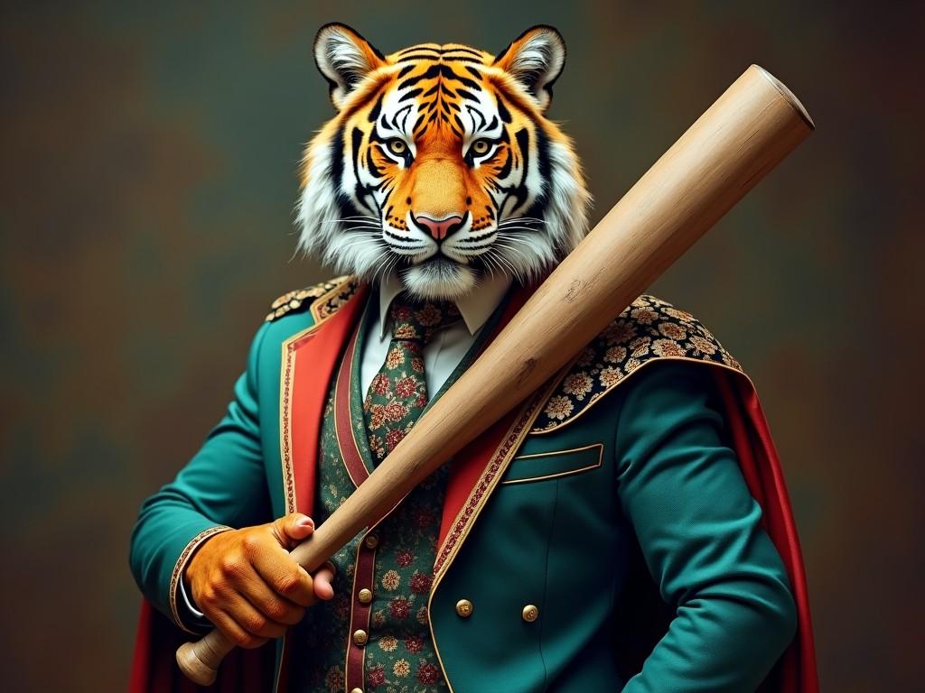 This striking image features an anthropomorphic tiger dressed in detailed office attire. The tiger stands confidently, holding a bat in a poised stance. The clothes are richly colored in shades of blue, green, and red. The intricate patterns on the clothing add to the regal and fierce appearance. The overall composition blends elements of wildlife and stylish fashion, creating a captivating visual.