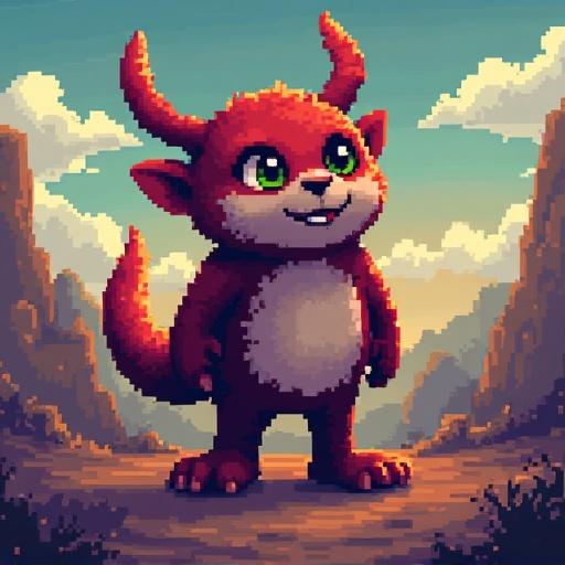 Pixel art character in a scavland style. Character has big eyes, red fur, and a smile. Surrounded by a fantasy landscape with mountains.