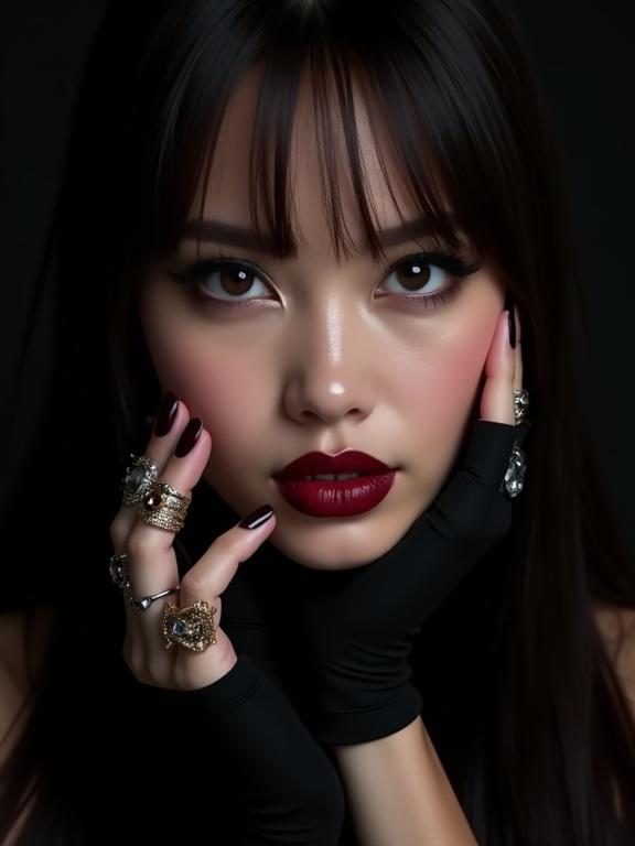 Close-up portrait of a person with long hair. Dark red lipstick and dramatic eyeliner. Eyes open looking at the camera. Touches face with a hand wearing multiple rings and a fingerless glove. Soft even lighting highlights skin texture. Slightly low camera angle. Black background contrasts with lighter skin tone. Blurry background isolates subject.