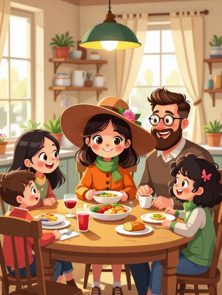Illustration of a cozy family dinner. Five characters seated at a wooden table. They enjoy a warm meal together. The girl wears a wide-brimmed brown hat with a pink rose. She also wears an orange coat and a green scarf. Three family members smile around her. A red kitten watches from the corner. The room has soft lighting and beige walls with artwork. Evokes feelings of warmth and connection.