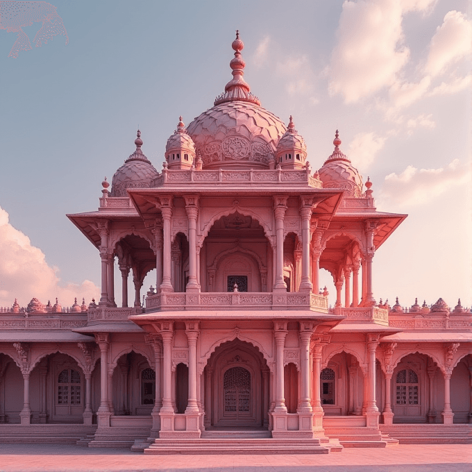 A grand, intricately designed temple bathed in pink and bathed in gentle sunlight.