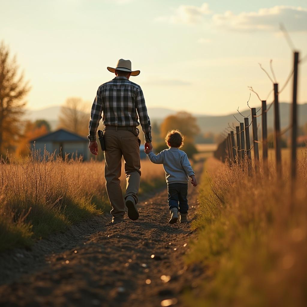 This image depicts a warm scene of a farmer and a child walking hand in hand along a dirt path on a serene farm during sunset. The sun casts a warm glow over the landscape, emphasizing the bond between the two. The farmer is wearing a traditional hat and plaid shirt, symbolizing rural life. The child's joyful expression reflects innocence and happiness. The surrounding fields are golden, enhancing the sense of a peaceful countryside setting.