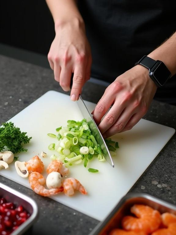 Photograph shows hands chopping green onions on a white cutting board close-up overhead view. Black shirt worn by person with black smartwatch on wrist. Knife in right hand. Chopped green onions center of image. Sliced white mushrooms and red pomegranate seeds on left side. Cooked orange shrimp in bottom left. Stainless steel container with sliced ingredients in background. Dark background with natural lighting. Textured surface. Realistic food preparation scene. Focus on hands and knife with detailed textures of vegetables and shrimp. Casual kitchen setting. High quality food photography.