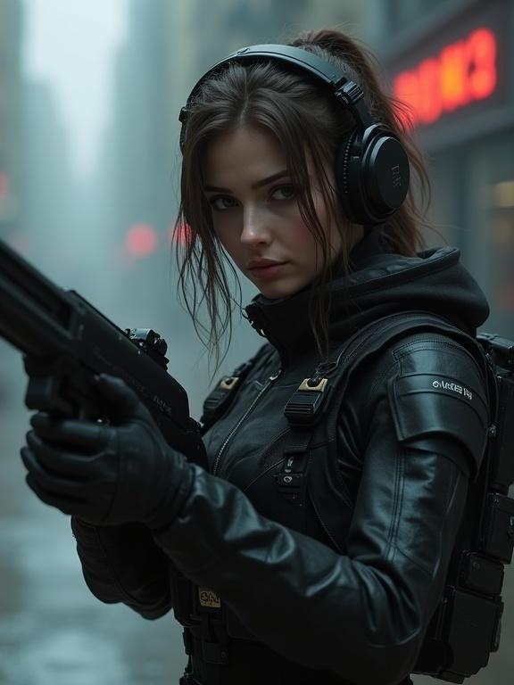 A woman in a black outfit holds a rifle. She wears headphones and tactical armor. The setting is foggy urban. The character appears ready for action. Close-up half-body shot displays her determination. This character embodies strength and futuristic combat aesthetics.