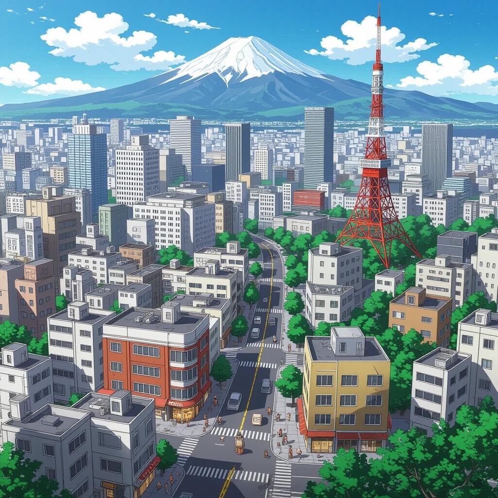 City view represented in anime style. Features Mount Fuji in the background. Urban buildings fill the foreground. Tokyo Tower visible nearby. Clear sunny sky enhances the perspective.